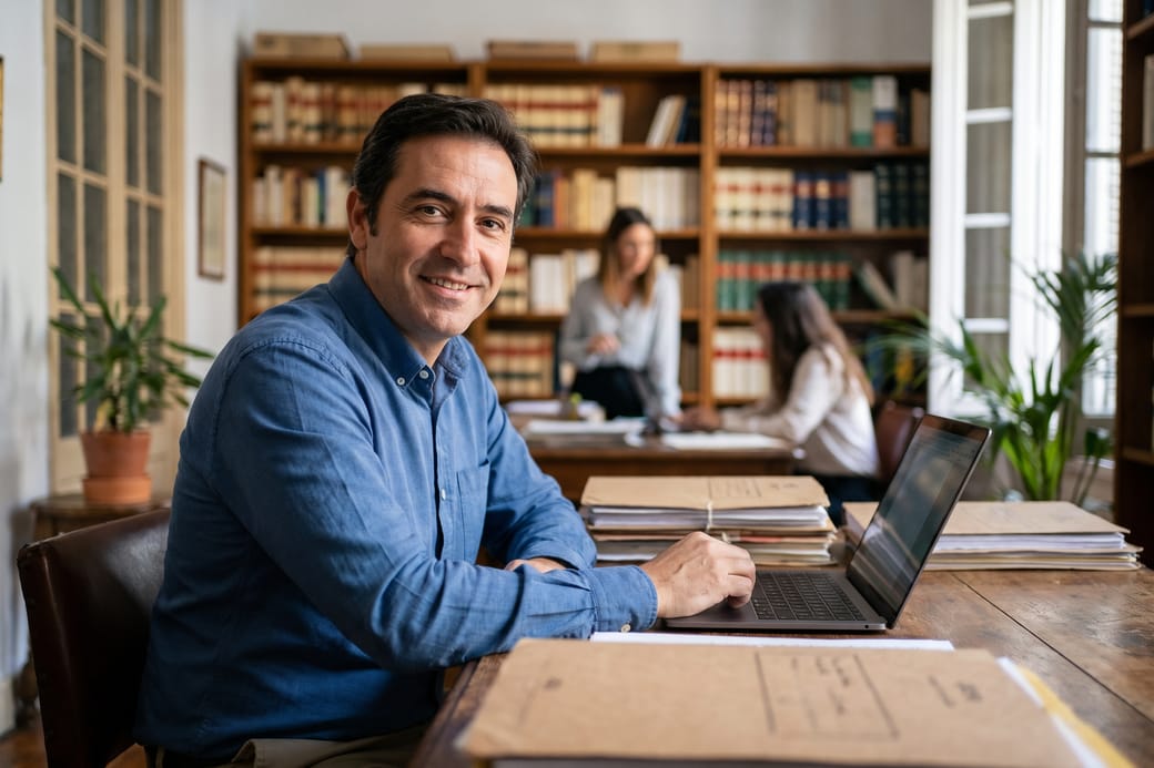 Abogado en el despacho, con expedientes en la mesa y estanterías llenas de libros