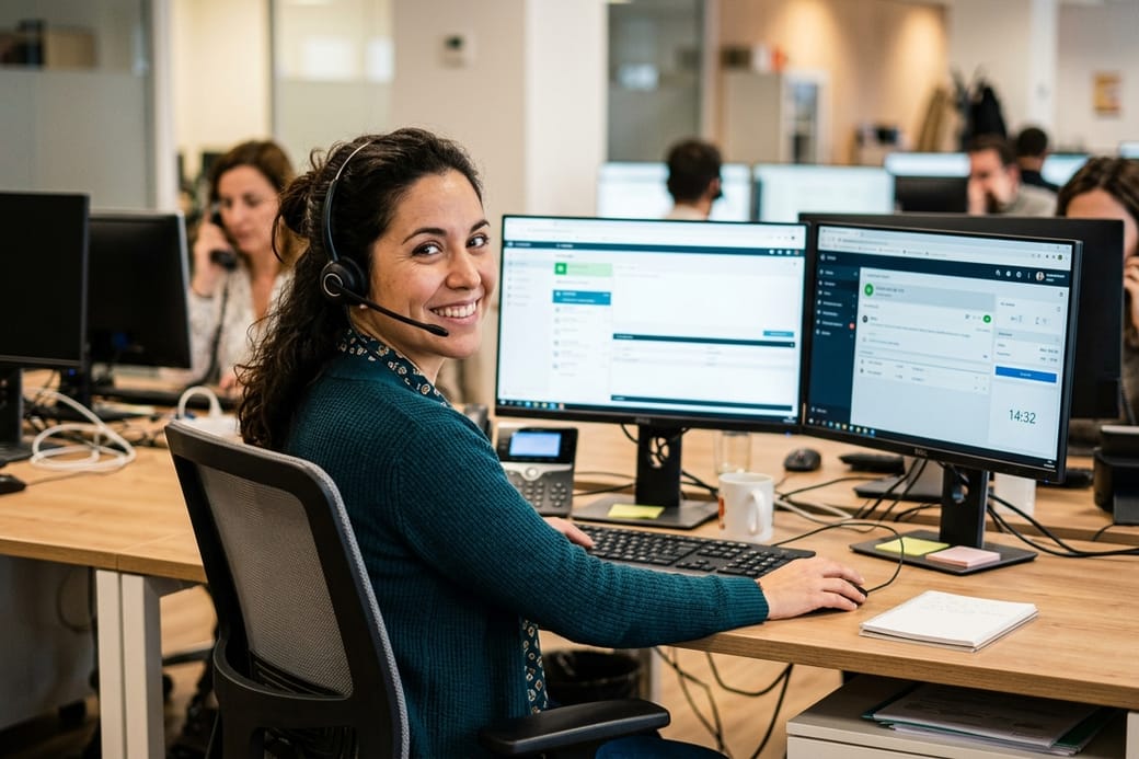 Recepcionista de Recepción24 atendiendo llamadas con auriculares en una oficina