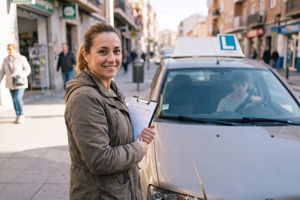 Profesora de autoescuela junto al coche de prácticas, con un alumno al volante