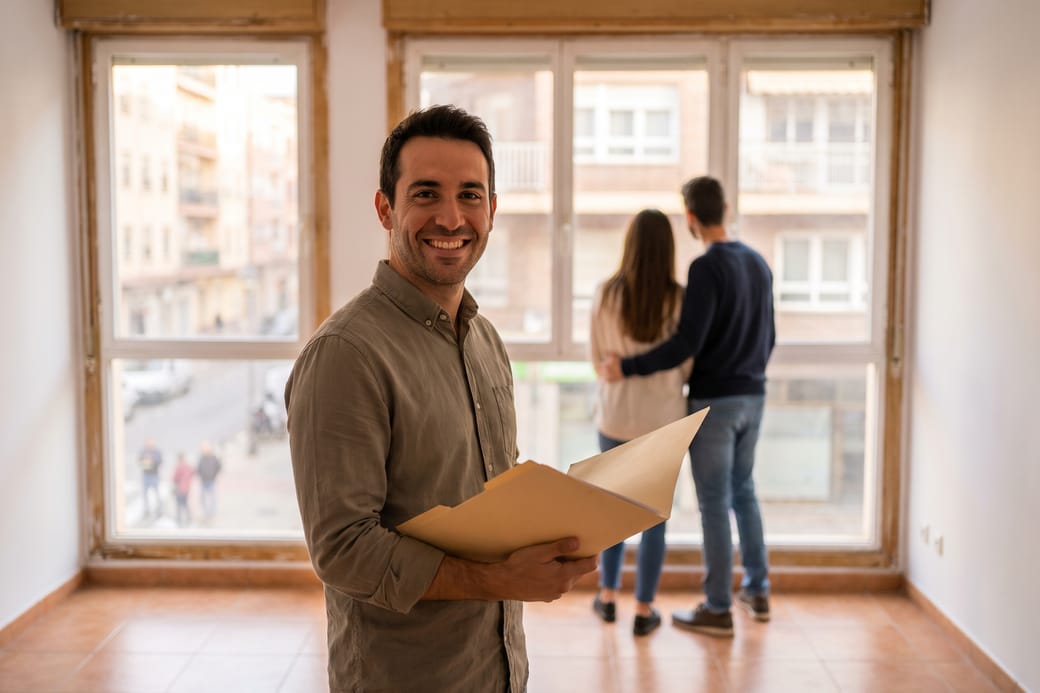 Agente inmobiliario enseñando un piso vacío a una pareja
