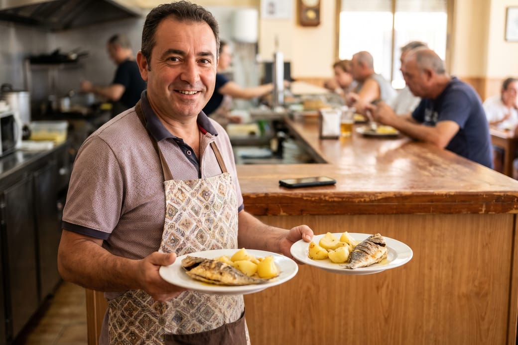 Dueño de un restaurante con dos platos en las manos, a la hora de comer